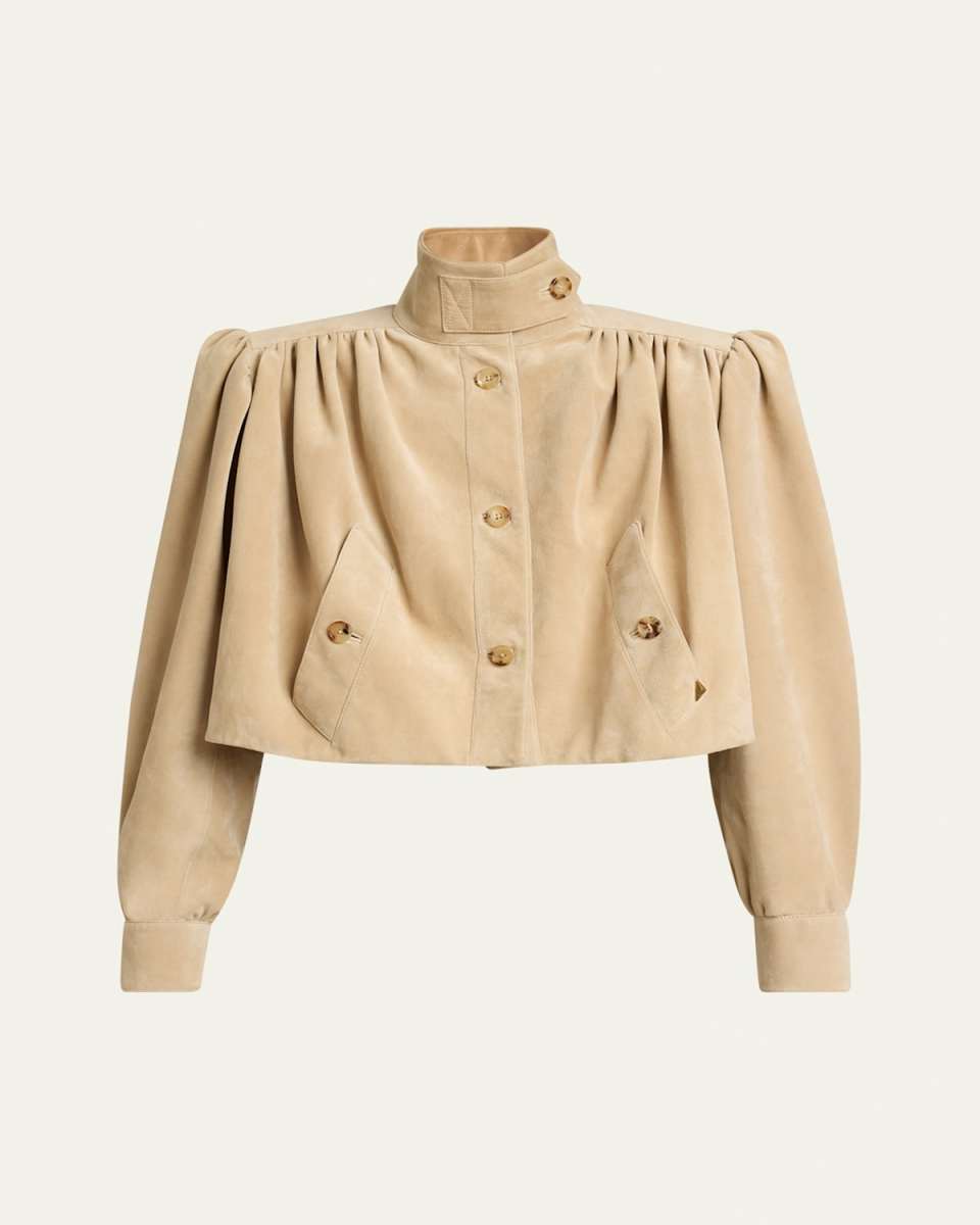 Suede High Neck Gathered Shoulder Cropped Jacket